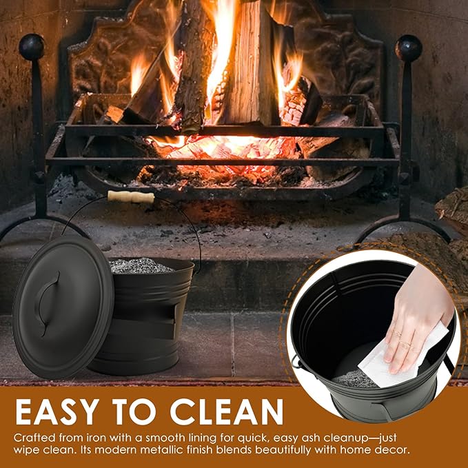 1.5 Gallon Ash Bucket with Lid and Shovel Broom Metal, Fireplace Ash Bucket, Complete Fireplace Tools Set for Fire Pit Grill Black(3 Pcs Set)