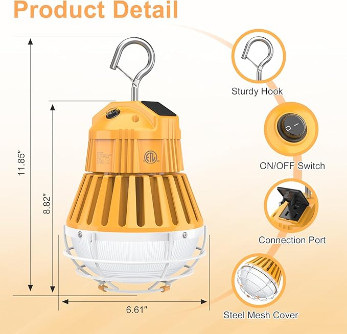 LED Temporary Work Light,100W/80W/60W Adjustable,4500K/5000K/5700K CCT Adjustable Construction Light with 10ft Cable Plug and Sturdy Hooks Linkable LED Work Job Site Lighting ETL Listed AC100-277V