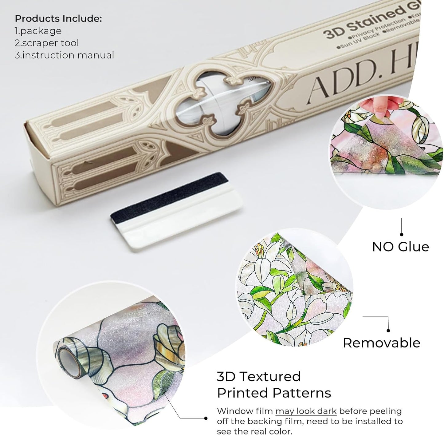 3D Stained Glass Window Film, Decorative Window Privacy Film for Bathroom, Front Door, Home, Sun Blocking Heat Control, Static Cling,White Lily 17.3inch x 47.2inch