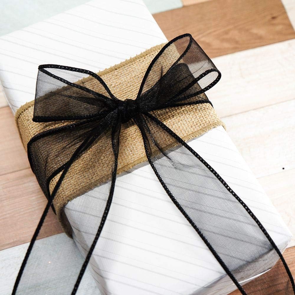 CT CRAFT LLC Sheer Organza Wired Ribbon 1.5" x 25 Yards x 2 Rolls Black for Wedding Chair Bow Flora Bouquet Gift Wrapping Christmas Tree Home Decor Wreath