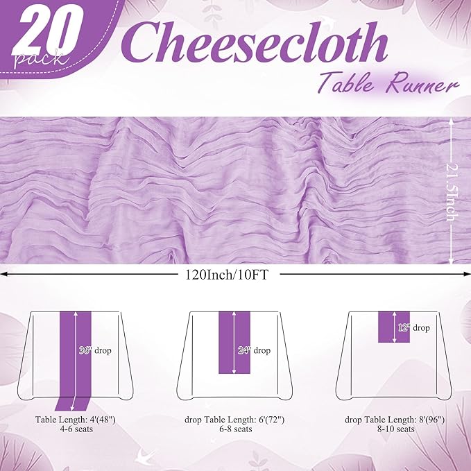 20 Packs Cheesecloth Table Runner 10FT Long Boho Gauze Fabric Table Runner Vintage Rustic Sheer Runners for Wedding Party Bridal Baby Shower Table Decorations (Lilac )