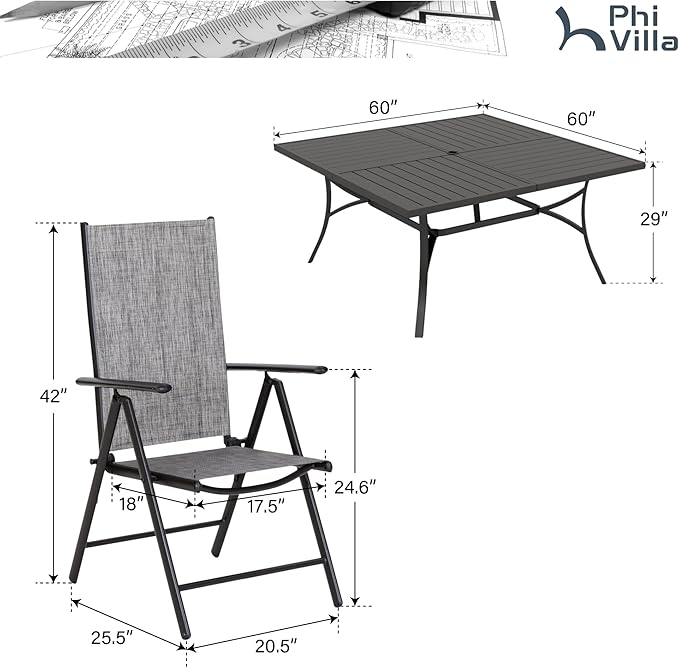 PHI VILLA 9 Piece Patio Dining Set, Outdoor Table and Chairs Set with Adjustable Portable Patio Folding Chairs (Grey) & Large Square Outdoor Dining Table for Yard, Garden and Lawn