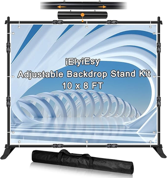 iElyiEsy Backdrop Banner Stand, 10x8FT Heavy Duty Adjustable Step and Repeat Stand with Carrying Bag for Parties Photo Booth Trade Show
