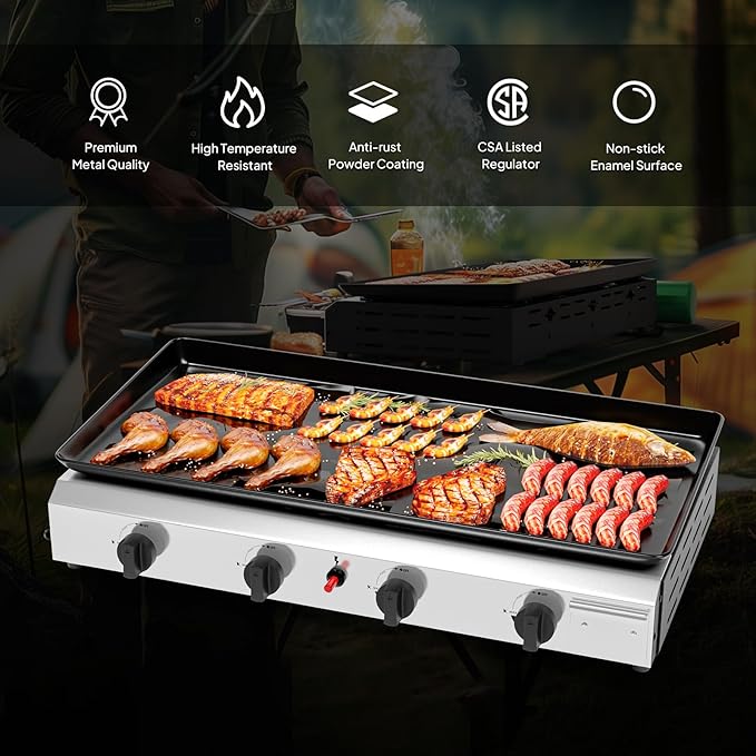 ROVSUN 4 Burner Portable Propane Griddle with Electronic Ignition & Regulator, 40,000 BTU Tabletop Flat Top Gas Grill with Nonstick Enameled Tray for Outdoor Cooking Camping BBQ Tailgating