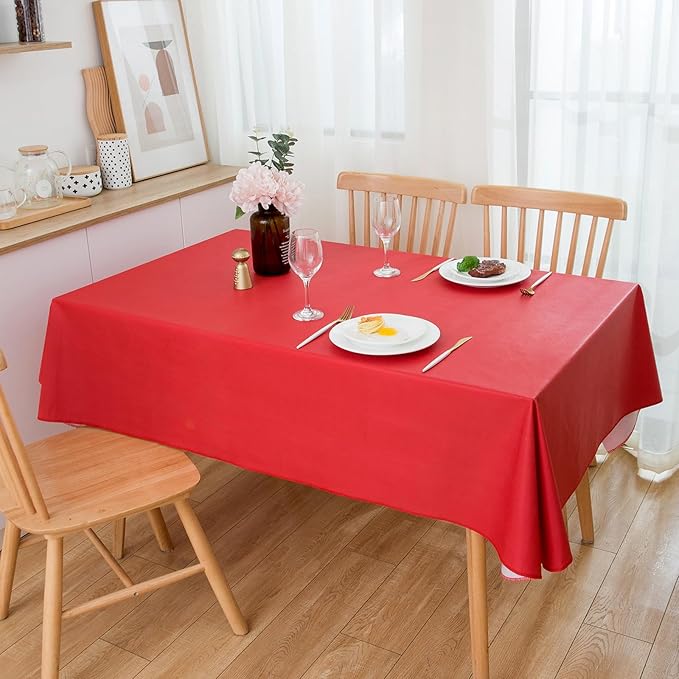 LIBERECOO Vinyl Tablecloth with Flannel Backing, Red, Waterproof, Stain-Resistant, Easy-Clean Table Cover for Holiday, Dining, Kitchen, and Outdoor Use, 60" x 84" Rectangle