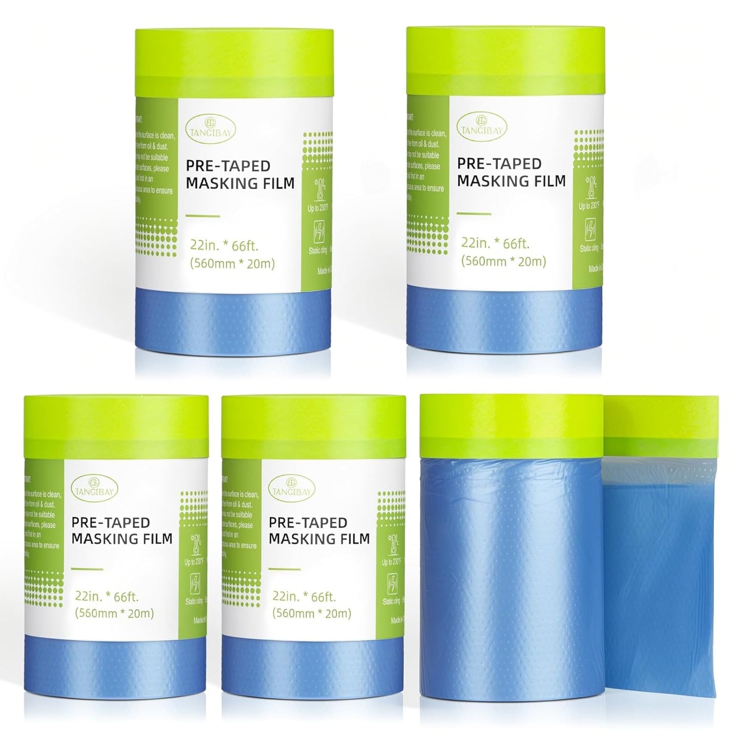 Pre-Taped Masking Film for Painting - 22" x 66' Painters Plastic Sheeting with Automotive Paint Tape and Drape for Covering Cars, Walls, Windows and Furniture Protection (5 Rolls)