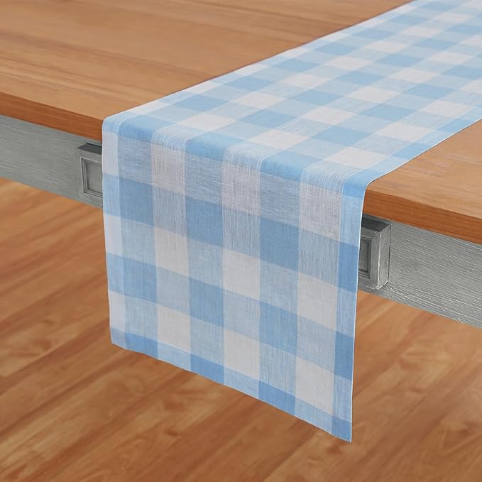 Solino Home Linen Checkered Table Runner 120 Inches Long - 100% Pure Linen Blue Bell Buffalo Check Table Runner 14 x 120 Inch Ideal for Dining, Spring, Easter, Winter