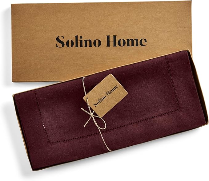 Solino Home Linen Table Runner 36 Inches - 100% Pure Linen Burgundy Hemstitch Table Runner 14 x 36 Inch Ideal for Dresser and Coffee Tables - Winter, Valentines - Classic Hemstitch