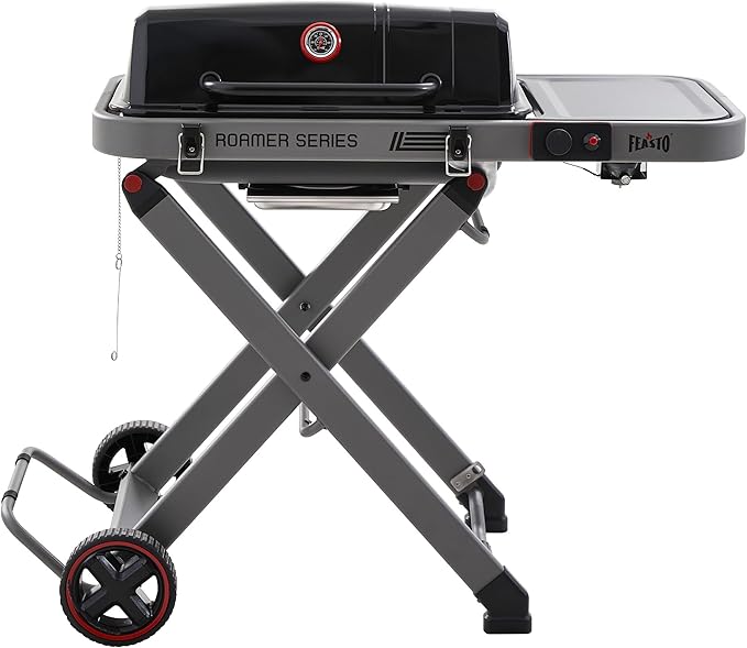 Portable Propane Gas Grill with Folding Cart & 13000 BTUs Burner, 360 Sq. In. Cast Iron Cooking Grates, Side Table, 8" Wheels, Stainless Grease Tray for Outdoor BBQ, Camping & Tailgating, Black