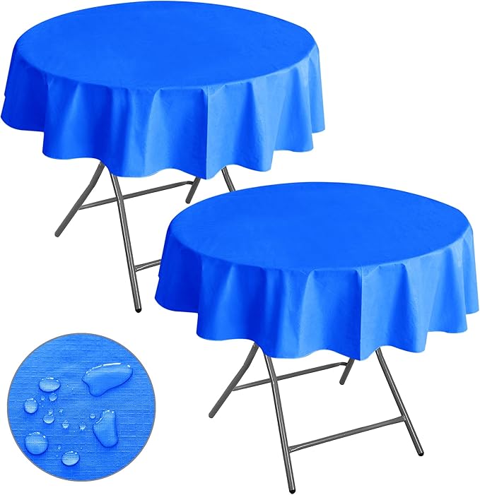 Nasitos 2 Pack Round Vinyl Tablecloth 60 Inch-Vinyl Plastic Blue Table Cloth Flannel Backed, Waterproof Stain Resistant Table Cover, Disposable Tablecloth for Wedding, Graduation Party, Holiday Dinner