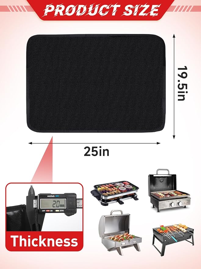 Apipi 25 x 19.5in Fireproof Grill Mat for Outdoor Grill - 2mm Thickened Heat Resistant Mat for Countertop, Easy to Clean & Waterproof & Oil Proof for Protecting Prep BBQ Table