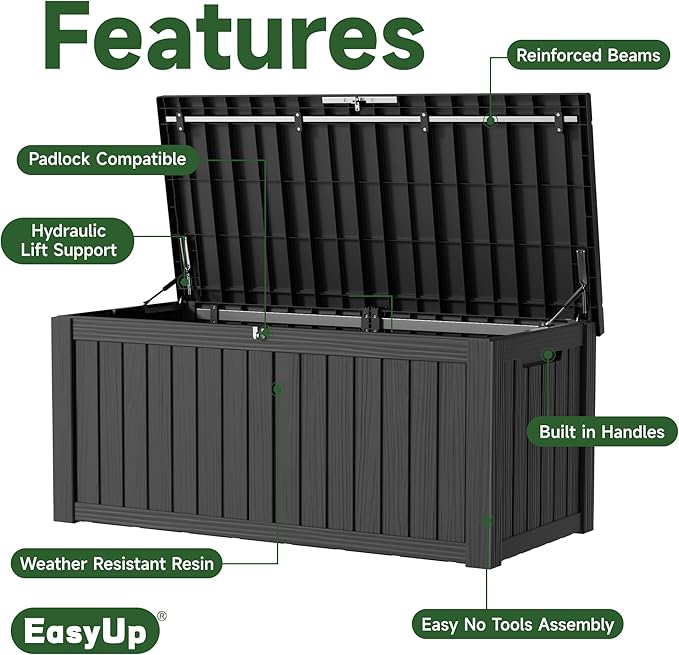 EasyUp 150 Gallon Outdoor Storage Box Waterproof, UV Resistant Resin Deck Box with Hydraulic Rod, Reinforced Stability for Patio, Garden, and Pool, Striped Black