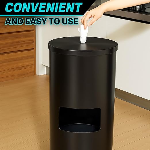 Zonon Stainless Steel Floor Stand Wipe Dispenser with High Capacity Built-in Trash Can Fits Wipes on Rolls 36" Weighted Floor Stand Wet Wipes Holder for Gym School Office Home Commercial (Black)
