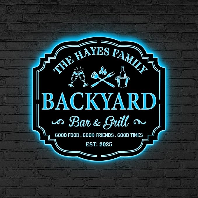 Custom Backyard Bar & Grill LED Sign – Personalized BBQ Sign, Barbecue Custom Led Bar Metal Wall Art, Grill Art Decor for Family, Patio, Home, Kitchen, Man Cave