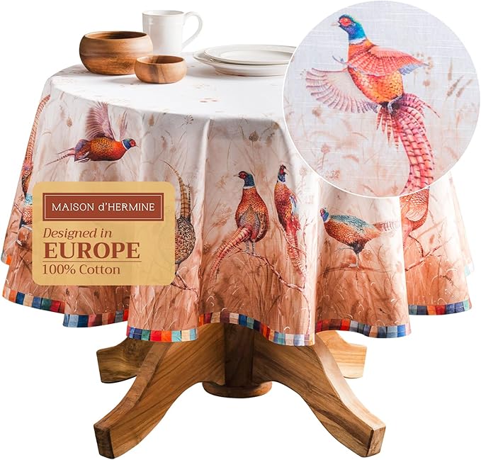 Maison d' Hermine Table Cloth Round Table 100% Cotton 69 Inches Fall Tablecloth Reusable Everyday Use for Thanksgiving Christmas Decorations Dining Farmhouse Party (Faisan D'Automne)