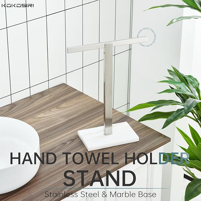KOKOSIRI Hand Towel Bar Stand Towel Rack with Marble Base for Bathroom Kitchen Vanity Countertop, Brushed Stainless Steel 15.7'' Height THS0002-SM-BR