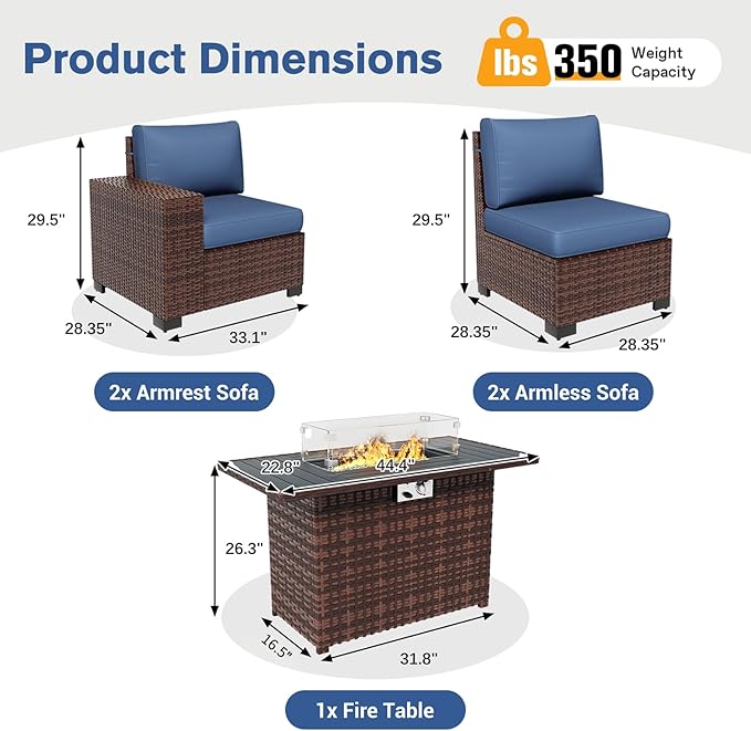 5 Piece Patio Furniture Set with Fire Pit Table, Wide Armrest Modular Outdoor Conversation Sets Brown PE Wicker Rattan Sectional Sofa, 4'' Thickened Cushion Navy Blue