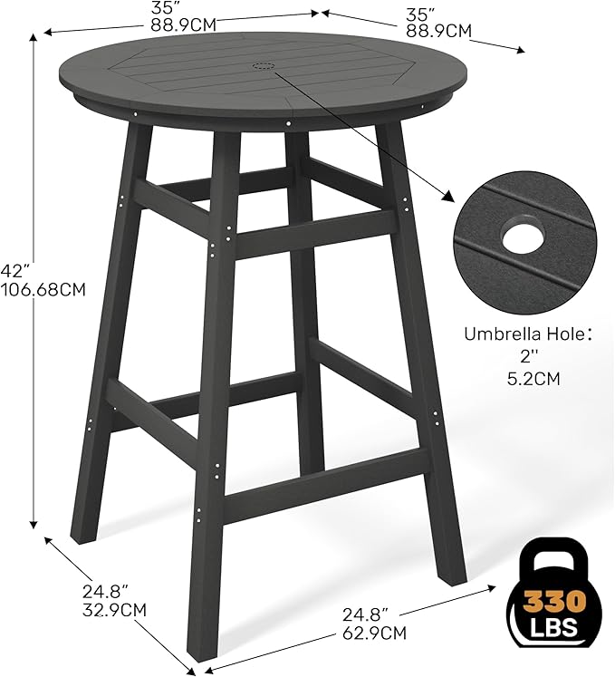 Costaelm Patio Bistro Table, 42" Counter Height Round Patio Cocktail Bar Table with Umbrella Hole, Outdoor Bistro Dining Pub Table for Front Porch Deck Backyard Garden, Gray
