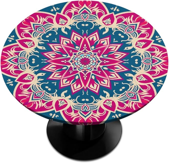 Beautiful Flower Mandala Round Table Cloth Cover, Elastic Edge Waterproof Wipeable Tablecloths 36"-42" Polyester Tablecloth for Party Restaurant Banquet Holiday Camping Outdoor Picnic