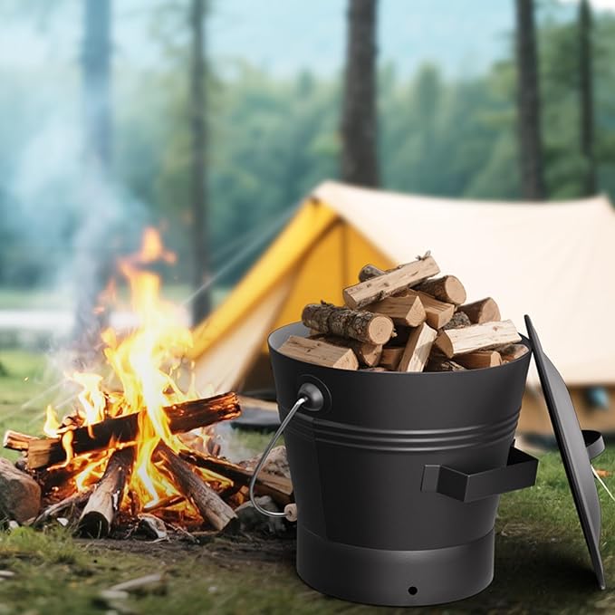 AMAGABELI GARDEN & HOME XL 3-Gallon Metal Ash Bucket with Lid Shovel Broom for Coal Ash Can Fire Pit Charcoal Fireplace Bucket Essential Tools for Indoor Outdoor Wood Burning Stove Hearth Accessories