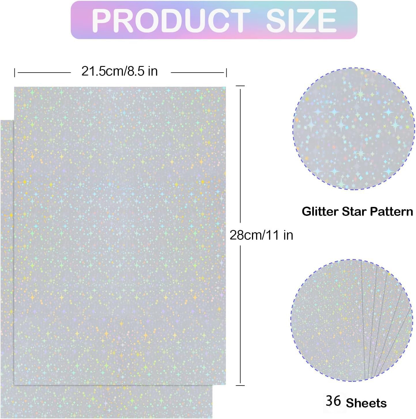 36 Sheets Holographic Sticker Paper Transparent Holographic Laminate Sheets Self Adhesive Glitter Film Laminating Sheets Clear Waterproof Vinyl Overlay for DIY Crafts, 8.5 x 11 inch Star Pattern
