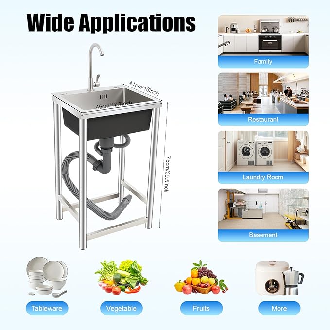 Free Standing Single Bowl Kitchen Sink Commercial, Outdoor Utility Sink Stainless Steel with Water Pipe Faucet Small Portable Sink Hand Wash Station for Garage Garden Backyard (18X16X30in)