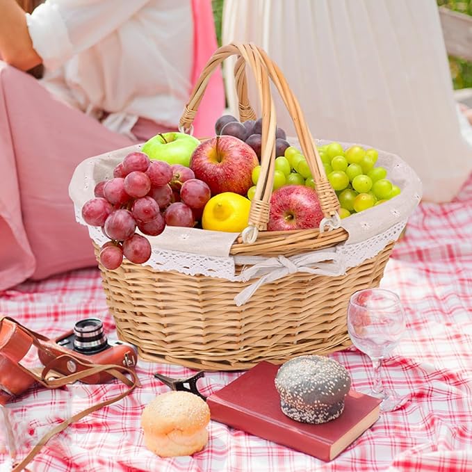 2 Pack Natural Wicker Basket with Linen Lining, 14 & 12 Inch Wicker Woven Picnic Basket with Handle for Picnic, Camping, Outdoor Party