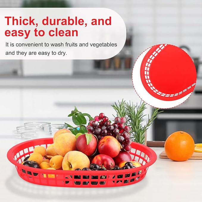 60 Pack Fast Food Baskets, 10.6 x6. 7 Inch Versatile Red Plastic Food Baskets, Food Service Tray for Burgers, Fries, Sandwiches, Hot Dogs, Barbecues, Picnics, Parties, Durable and Safe