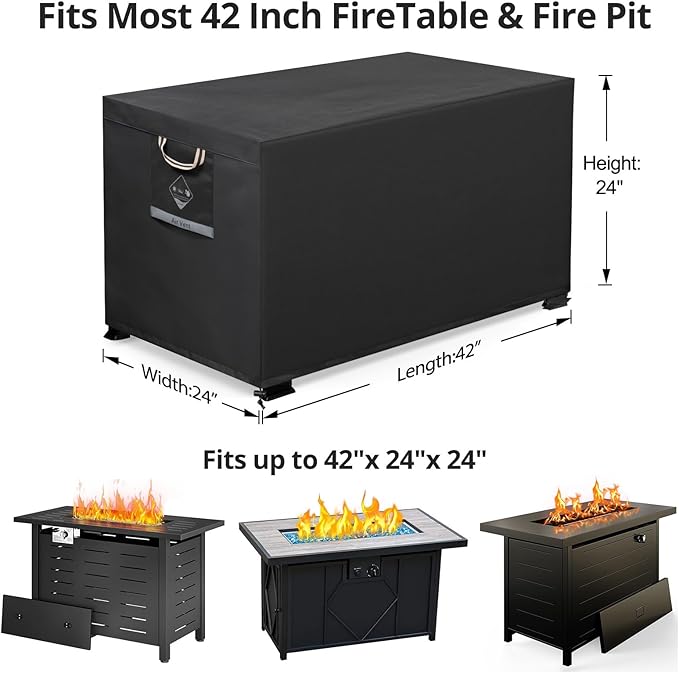 QH.HOME Fire Pit Cover Rectangular Super Waterproof 42" L x 24" W x 24" H, UPF 50+ Outdoor Fire Pit Table Cover 600D Strong Tear Resistant and Fading Resistant for Rectangular Fire Pit - Black