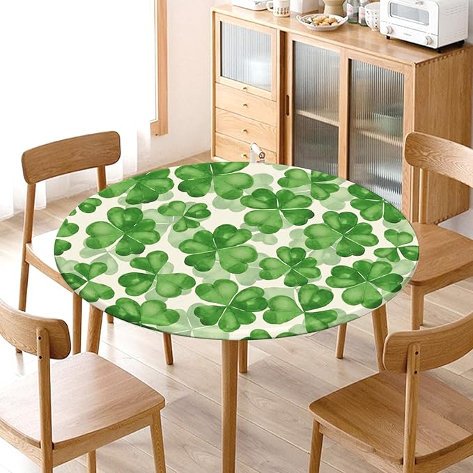 St Patricks Day Round Fitted Tablecloth with Elastic Spring Green Watercolor Shamrock Circle Table Cloth for 48-52" Tables Waterproof Washable Clover Leaf Floral Table Cover for Outdoor Picnic Dining