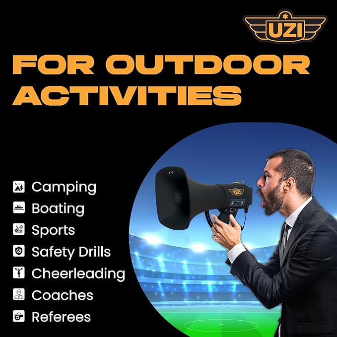 Uzi High Power Loud Big Bluetooth Megaphone 50W, Professional Bullhorn Megaphone Used by First Responders, Police & Agencies, Rechargeable Battery, PA System, Outdoor Activitie