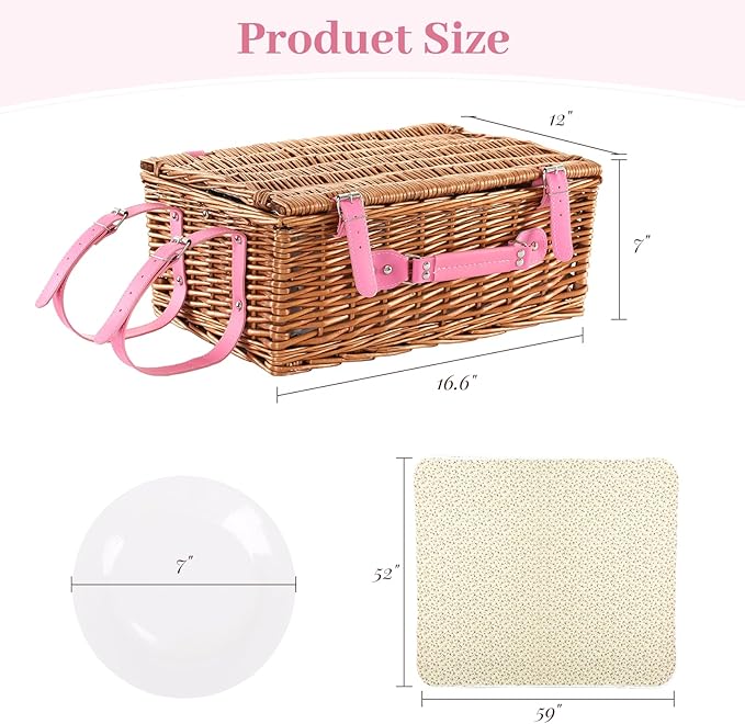 Neti Neti Wicker Picnic Basket for 4 with Insulated Cooler & Waterproof Blanket – Large Willow Picnic Hamper for Outdoor, Camping, Beach, Romantic Dates, Valentine’s Day