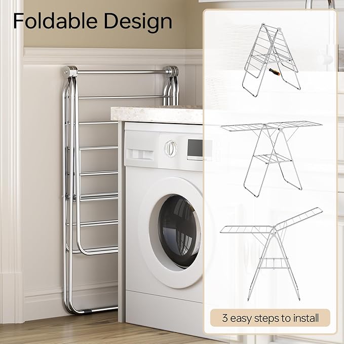 APEXCHASER Clothes Drying Rack Folding - Stainless Steel Drying Rack Clothing Height-Adjustable, Foldable Laundry Rack, Space-Saving, Collapsible for Indoor Outdoor Use for Clothe, Towels, Chrome