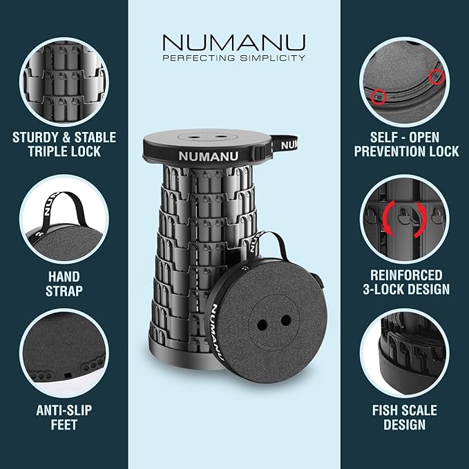 NUMANU 2PK 2025 Upgraded Collapsible Stool, Max 620lbs, 18"H Adjustable Portable Folding Stool for Adults, Retractable Foldable Telescopic Seat Camping Chair or Footrest (2PK Hard Seats + Accessories)