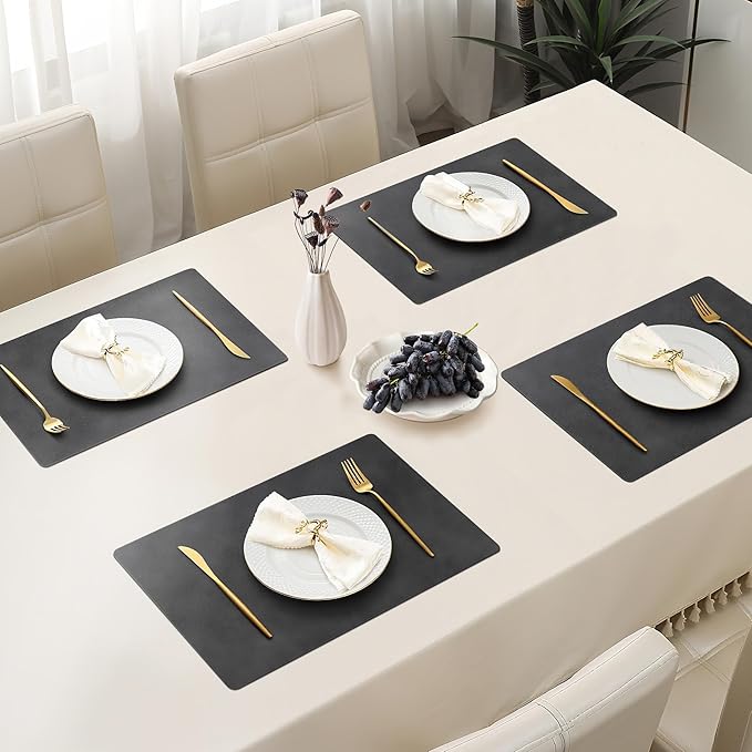 Roxifina Faux Leather Placemats Set of 4 - Vinyl Placemats Wipeable Waterproof Oil-Proof PU Place Mats Heat Resistant Reversible Table Mats for Dining, Kitchen, Outdoor, 12 x 17 Inch (Washed Black)