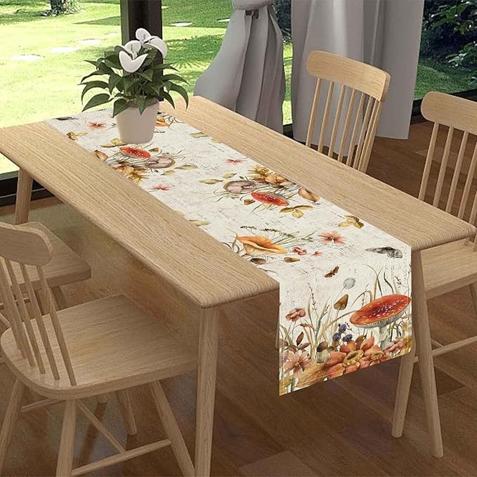 Mushroom Table Runner, Rustic Farmhouse Wildfloral Fall Autumn Leaves CountryCoffee Table Center Decor for Home Kitchen Dining Patio Holiday Party Indoor Outdoor Table Decorations, 13"x36" Inch