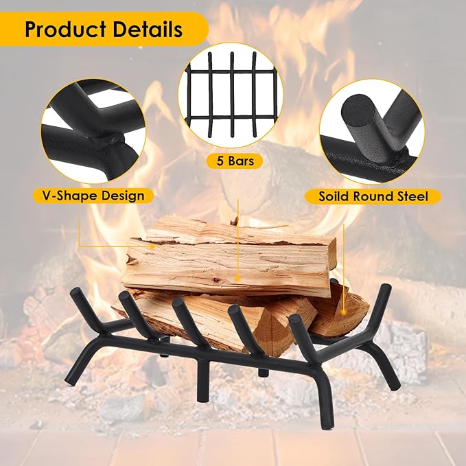 STBoo Fireplace Grate 17inch Heavy Duty - Fireplace Log Holder | Fire Place Grate Cast Iron | Wood Stove Wrought Rack | Firewood Log Fire Pit Tray for Indoor & Outdoor Kindling Tool Camping Cooking