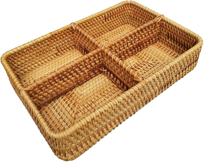 i-Lan Rattan Basket Divider, 12 Inch Divided Tray with 3' Deep Wall, Decorative Wicker Serving Basket for Fruit, Snacks, Catch All Dish