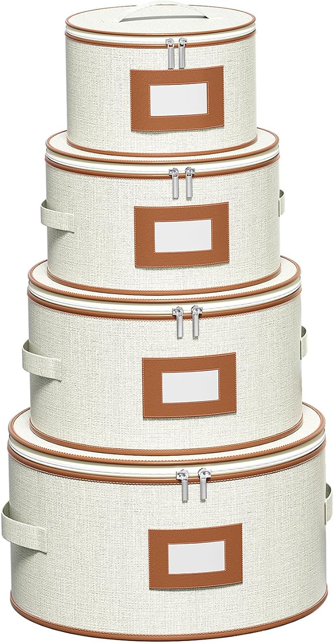 Aokeyee 4 Pcak China Storage Containers, Hard Shell Plates Storage Box with 48 Soft Divider for Saucer, Dessert, Salad, Dinner, Sturdy Quilted Stackable Dish Organizer for Moving & Protection, Ivory