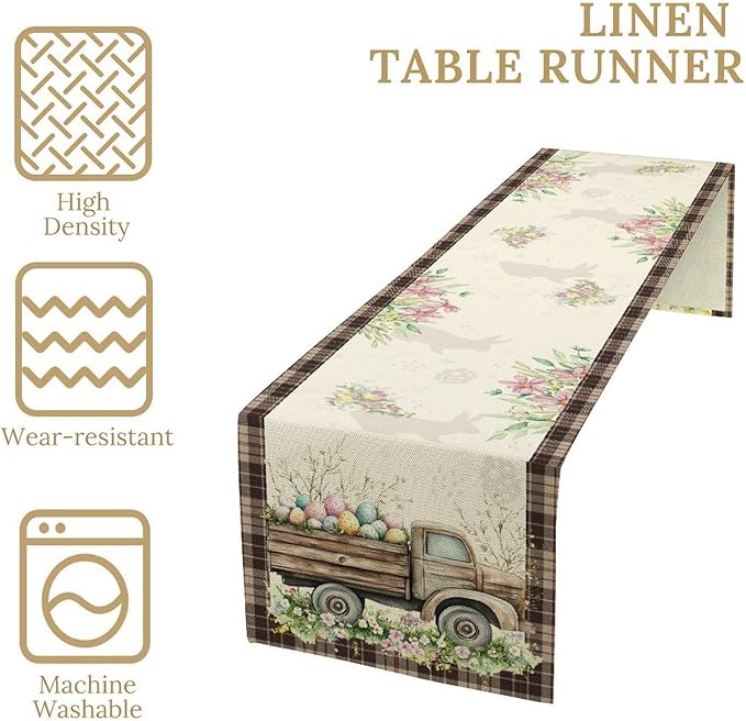 Easter Truck Table Runner,Rustic Brown Plaid Eggs Floral Bunny Spring Summer Holiday Table Center Decor for Family Kitchen and Living Room Outdoor Farmhouse Party Table Decorations, 13"x36"