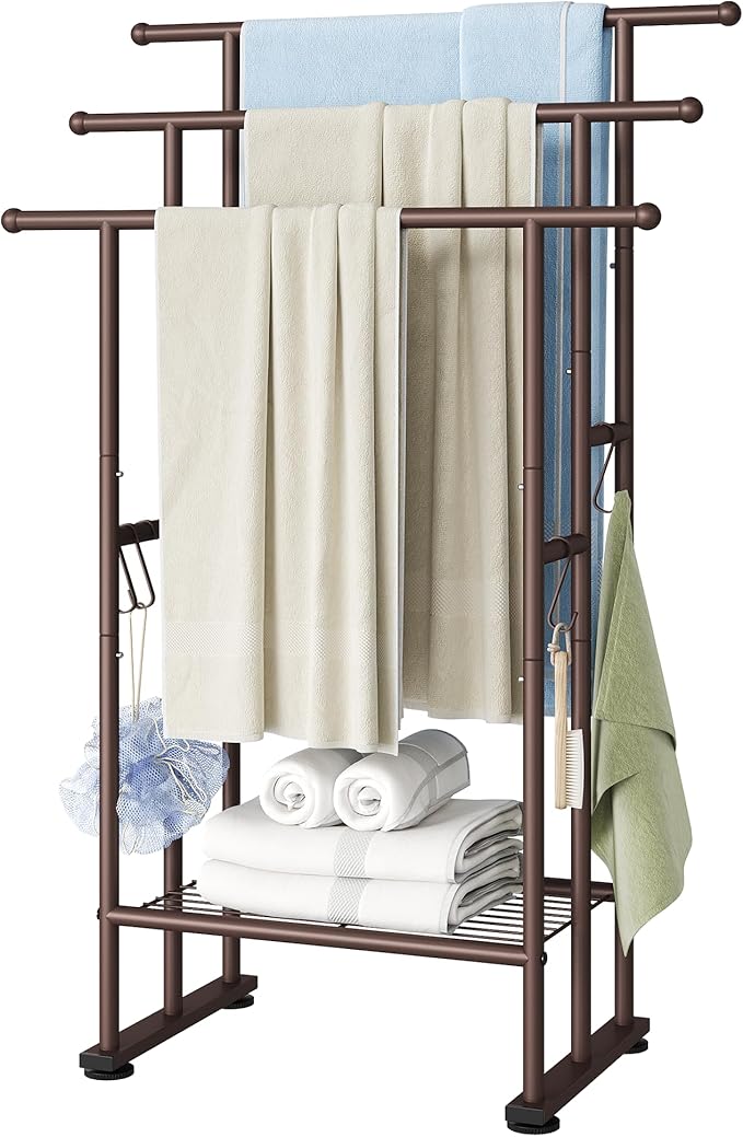 ELYKEN 3 Tier Standing Towel Rack, 40'' Tall Towel Drying Rack Outdoor, Freestanding Floor Towel Rack with Shelf, Pool Towel Blanket Stand, Metal Towel Racks for Bathroom freestanding, Bronze