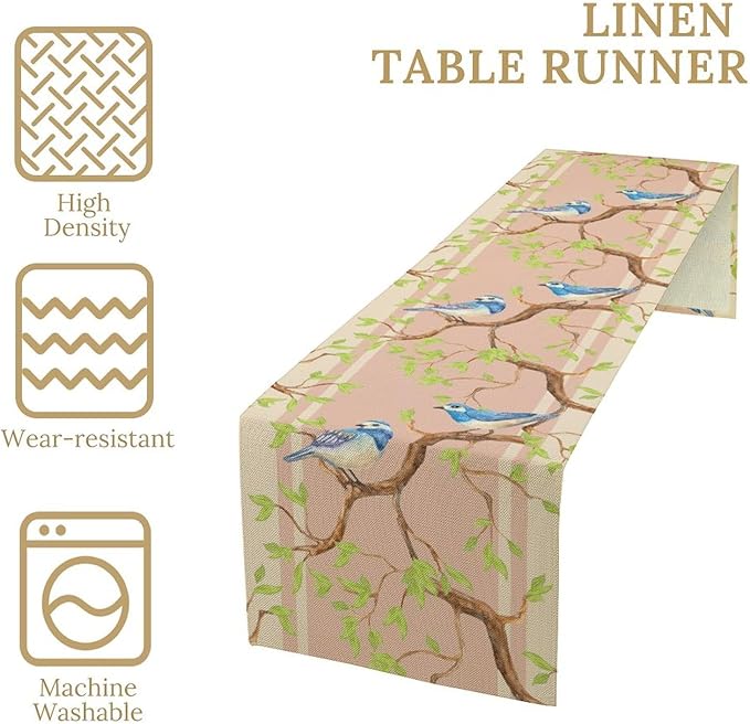 Watercolor Birds Table Runner,Spring Blue Bird Green Tree Table Runner for Kitchen Dining Table Holiday Farmhouse Home Party Decor 13x70in