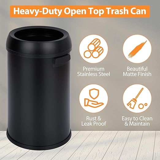 GarveeHome 17 gal/65 L Open Top Trash Can, Stainless Steel Rubbish Bin, Commercial Grade Waste Container, Round Garbage Can for Outdoor, Home Office, Restaurant, Black