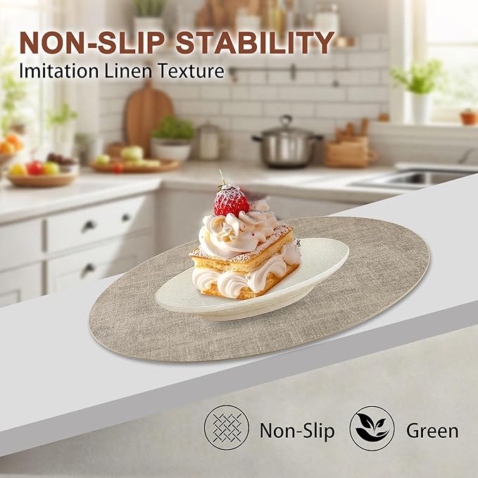 Round Faux Leather Placemats and Coasters, Set of 4, Reversible Heat Resistant Non-Slip Table Mats, Waterproof Wipeable Place Mats for Dining Table, Washable for Indoor & Outdoor (4, Light Brown)