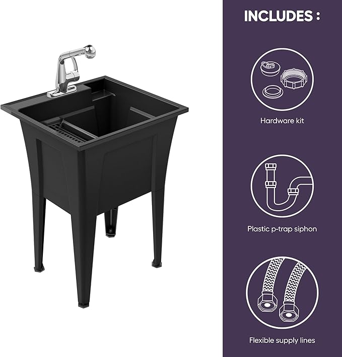 Freestanding Utility Sink with One Handle Chrome Faucet - 24" Plastic Utility Sink for Garage, Laundry, Indoor and Oudoor Use - Laundry Tub Kit by Noah William Home - Black (19.5 gal)