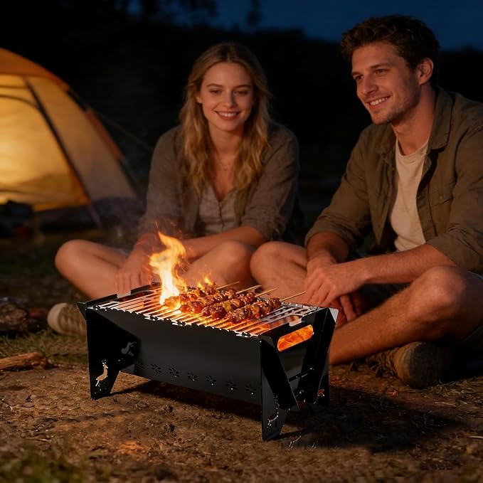 Lineslife 16 Inch Portable Camping Campfire Grill, Heavy Duty Charcoal BBQ Grill FirePit Grills with Stainless Steel Cooking Grate and Carry Bag for Outdoor Camping Backyard Party Cooking