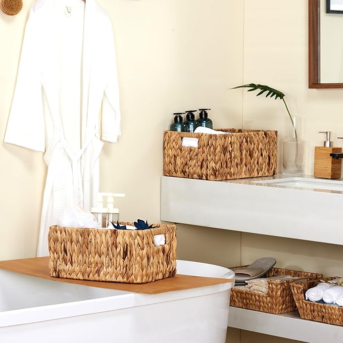 Wicker Baskets 2 Pack, Water Hyacinth Wicker Storage Basket with Handles, Large Rectangular Wickers Baskets for Organizing, Natural