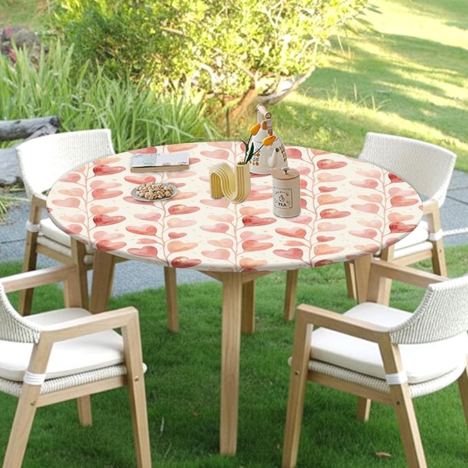 Valentines Day Round Fitted Tablecloth with Elastic Pink Love Heart Circle Table Cloth for 44-48" Round Tables Wipeable Waterproof Washable Valentine Hearts Table Cover for Picnic Dining Party Decor