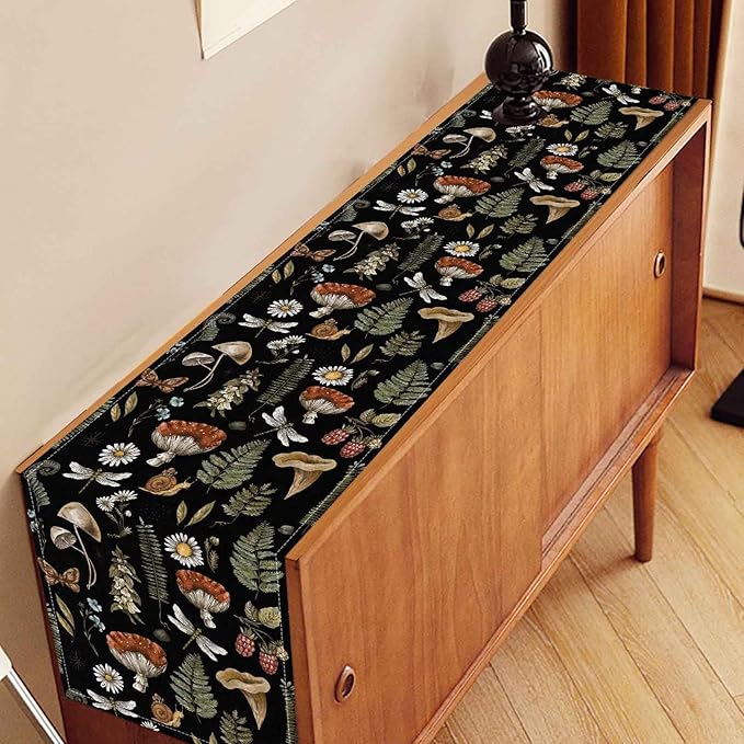 Mushroom Table Runner, Rustic Farmhouse Forest Plants Botanical Country Black Coffee Table Center Decor for Home Kitchen Dining Patio Holiday Party Indoor Outdoor Table Decorations, 13"x72" Inch