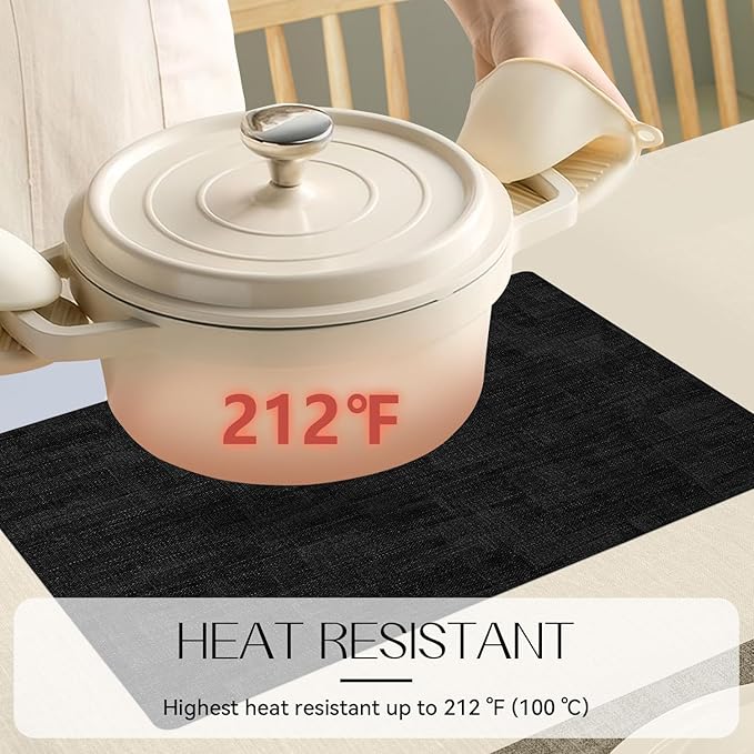 Romanstile Reversible Vinyl Placemats Set of 4, Faux Leather 100% Waterproof Oil-Proof Wipeable Place Mats, Heat Resistant Dual Sided Table Mats for Kitchen/Dining/Party (Black, 12 x 17 Inch)